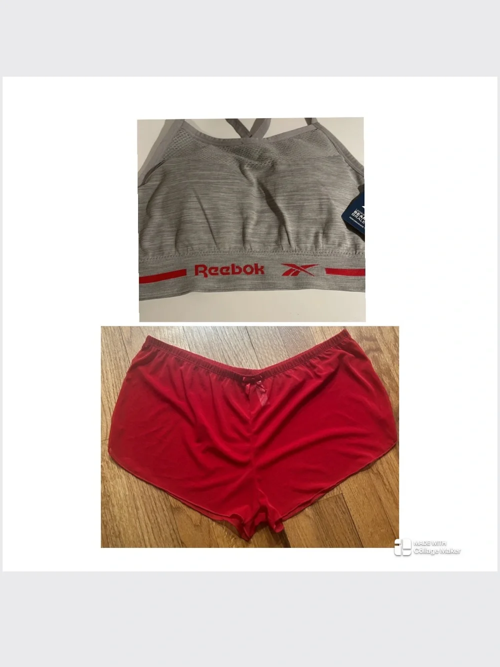 Reebok Grey Sports Bra with Red Logo and Red Marilyn Monroe Lounge Shorts